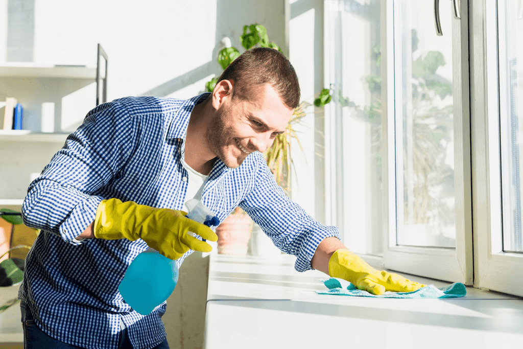 Wiping down the windows on a sunny morning